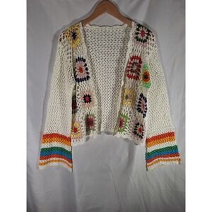 SHENHE Women White Floral Granny Square Crochet Cardigan Rainbow Cuff Small NEW